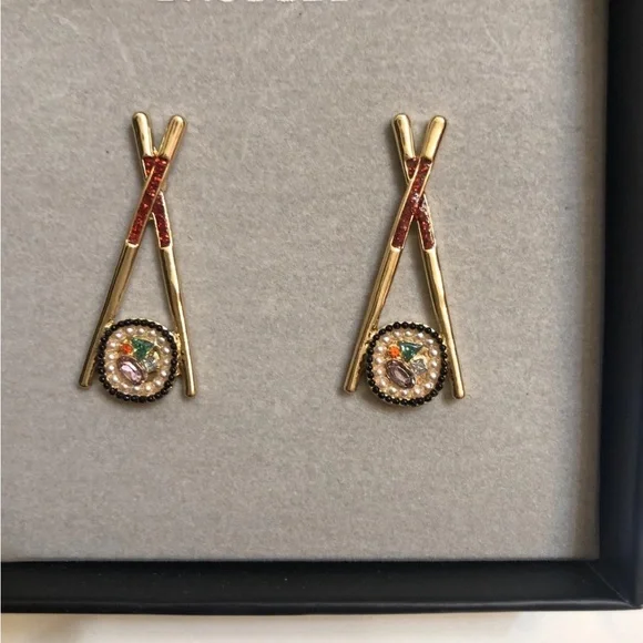 BaubleBar Gold Tone Chopsticks & Sushi Roll Drop Earrings Crystal Accents NIB - Picture 4 of 10